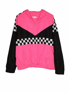 Vintage Mark Edwards Hot Pink Black Racing Checks 1/4 Zip Windbreaker Jacket